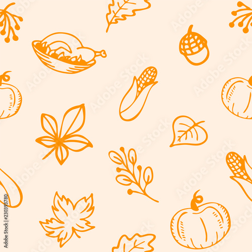 Autumn theme, seamless pattern. Happy Thanksgiving day. Food and harvest. Vector background, texture, illustration. Sketch style