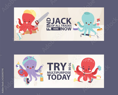 Octopus multitasking character vector illustration for banners. Builder with instuments, hairdresser with accessories, mother with child, beautiful mascot with cosmetics.