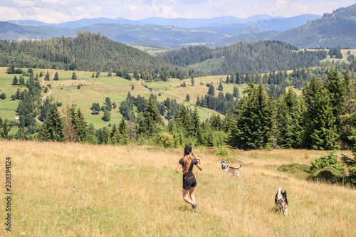 Husky walk in the nature. The girl is playing with two dogs. Traveling with dogs.Ukrainian mountains of Carpathians. Travel to the mountains.