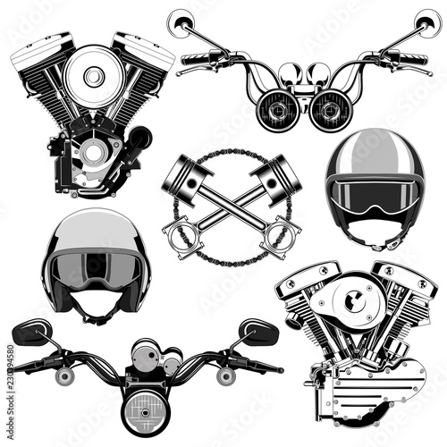 Set of vector images of motorcycle engines, helmet, pistons, moto steering wheels on a white background.