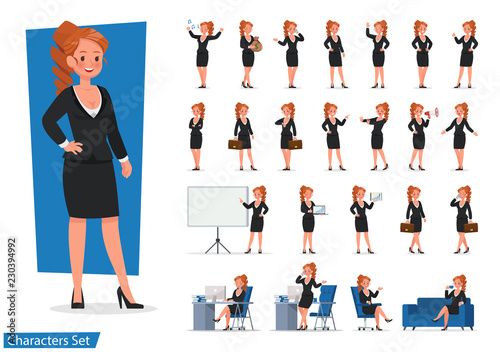 set of Business Woman showing different gestures character vector design.