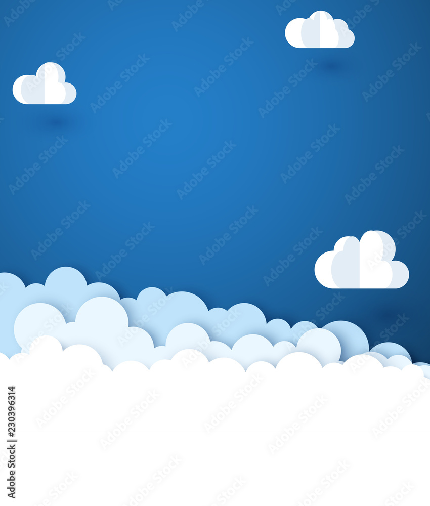 Blue background with white paper decorative clouds.