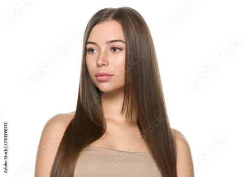 Smooth hair woman brunette with long hairstyle fly hair beauty