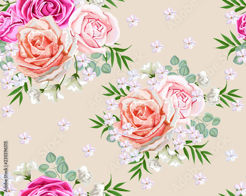 Roses and littles flower seamless pattern
