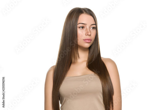 Smooth hair woman brunette with long hairstyle fly hair beauty © Utkamandarinka