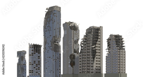 Ruined Skyscrapers Isolated On White 3D Illustration