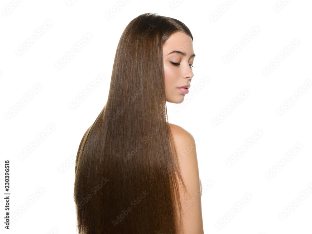 Naklejka premium Smooth hair woman brunette with long hairstyle fly hair beauty