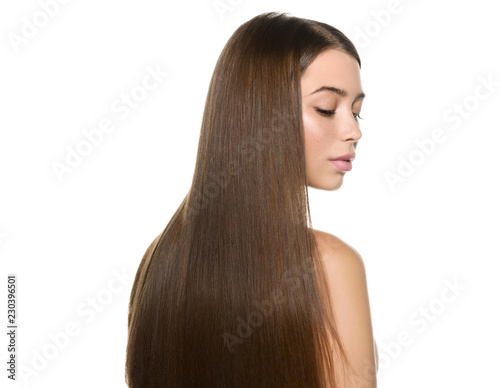 Smooth hair woman brunette with long hairstyle fly hair beauty