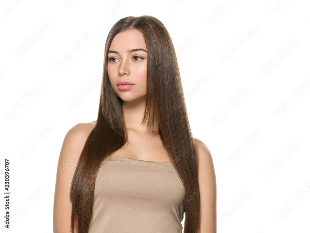 Healthy hair brunette long woman hairstyle isolated on white Healthy hair brunette long woman hairstyle isolated on white