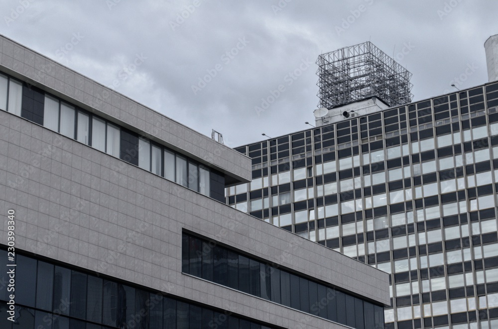 Modern skyscrapers, office buildings against the sky, black and white