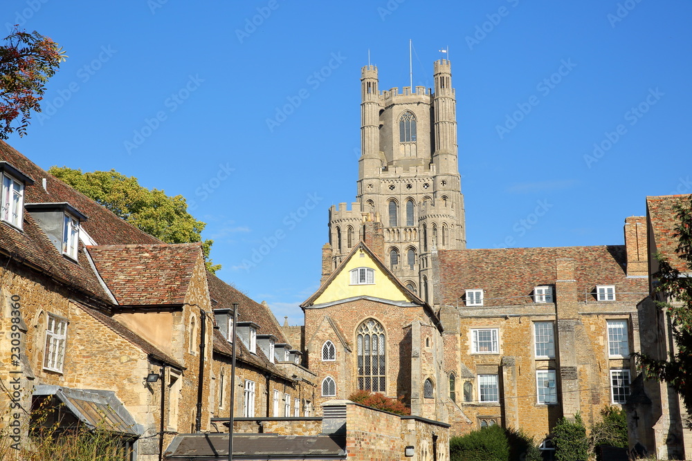 View of the South part of the Cathedral of Ely in Cambridgeshire, Norfolk, UK, with medieval houses in the foreground