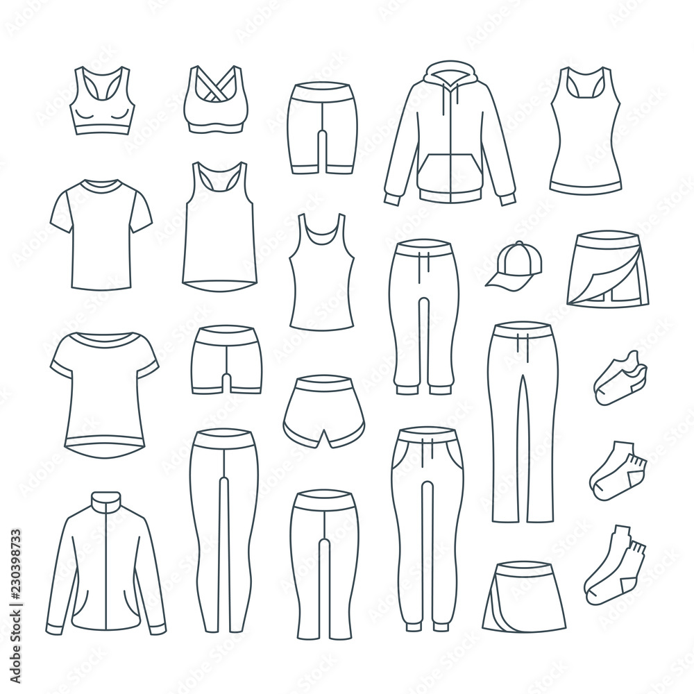 Women casual clothes for fitness training. Basic garments for gym workout.  Vector thin line icons. Outline outfit for active girl. Linear sport style  shirts, pants, jackets, tops, shorts, skirt, socks Stock Vector