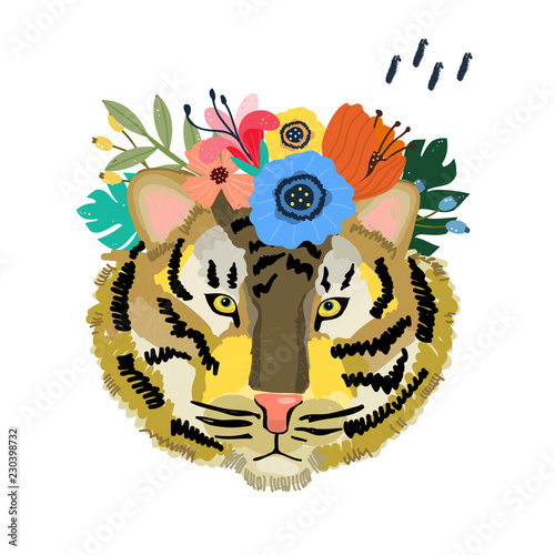 Fototapeta Naklejka Na Ścianę i Meble -  Cute tiger with tropical leaves and flowers. Hand drawn vector illustration