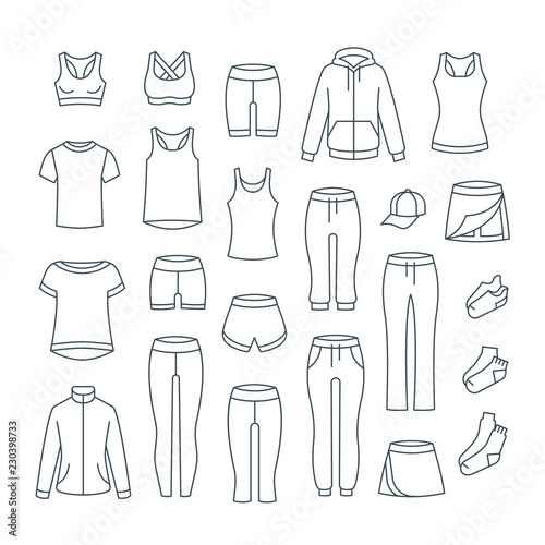 Women casual clothes for fitness training. Basic garments for gym workout. Vector thin line icons. Outline outfit for active girl. Linear sport style shirts, pants, jackets, tops, shorts, skirt, socks