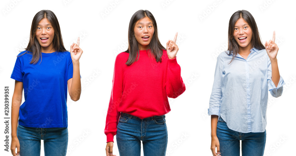 Obraz premium Collage of asian young woman standing over white isolated background pointing finger up with successful idea. Exited and happy. Number one.