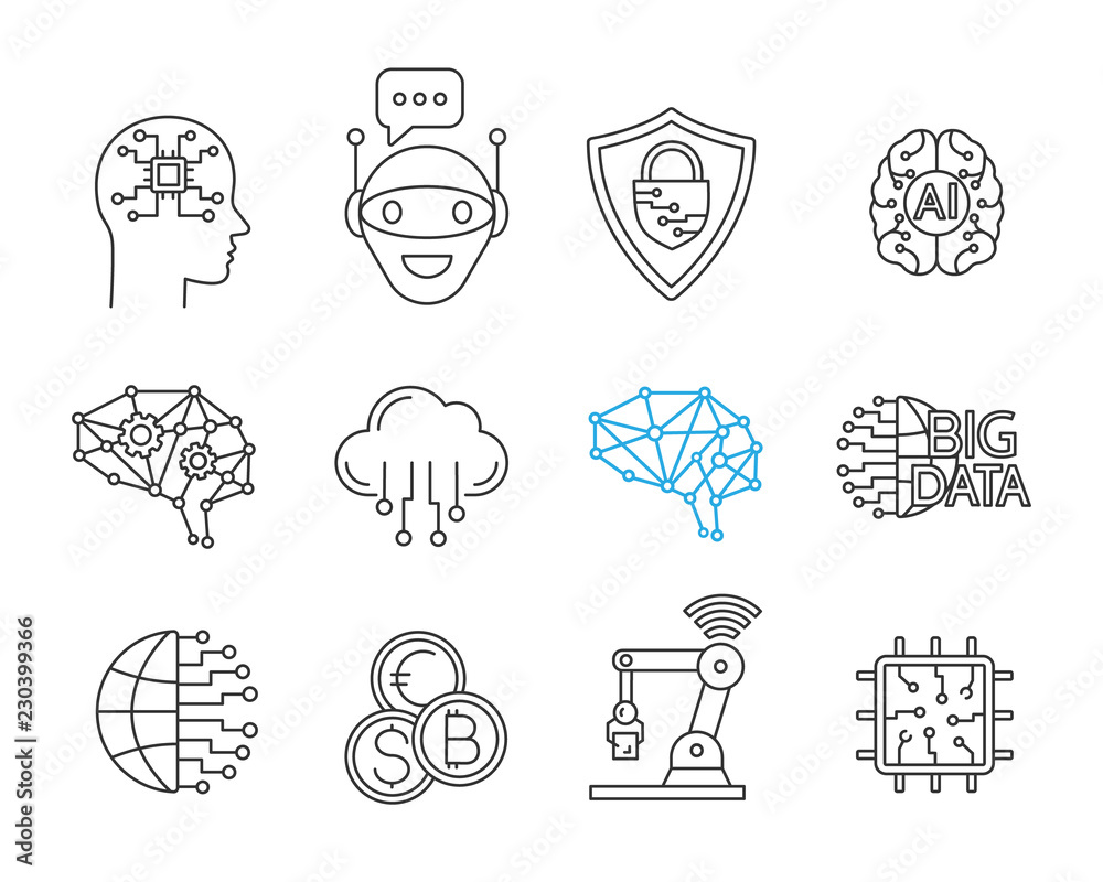 Artificial intelligence linear icons set Artificial intelligence linear icons set