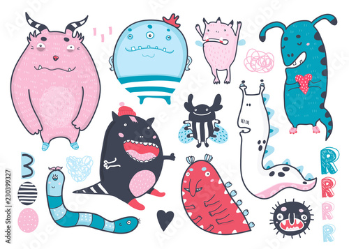 Cute funny monsters. Hand drawn colored vector set. All elements are isolated