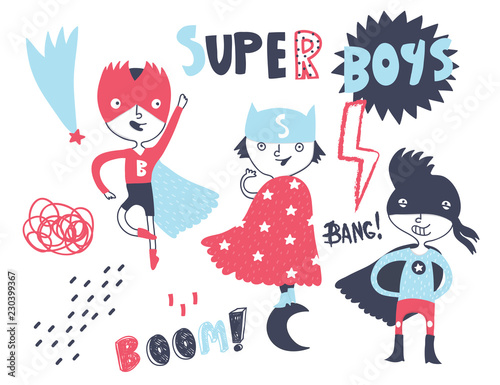 Super hero boys. Hand drawn vector set. All elements are isolated