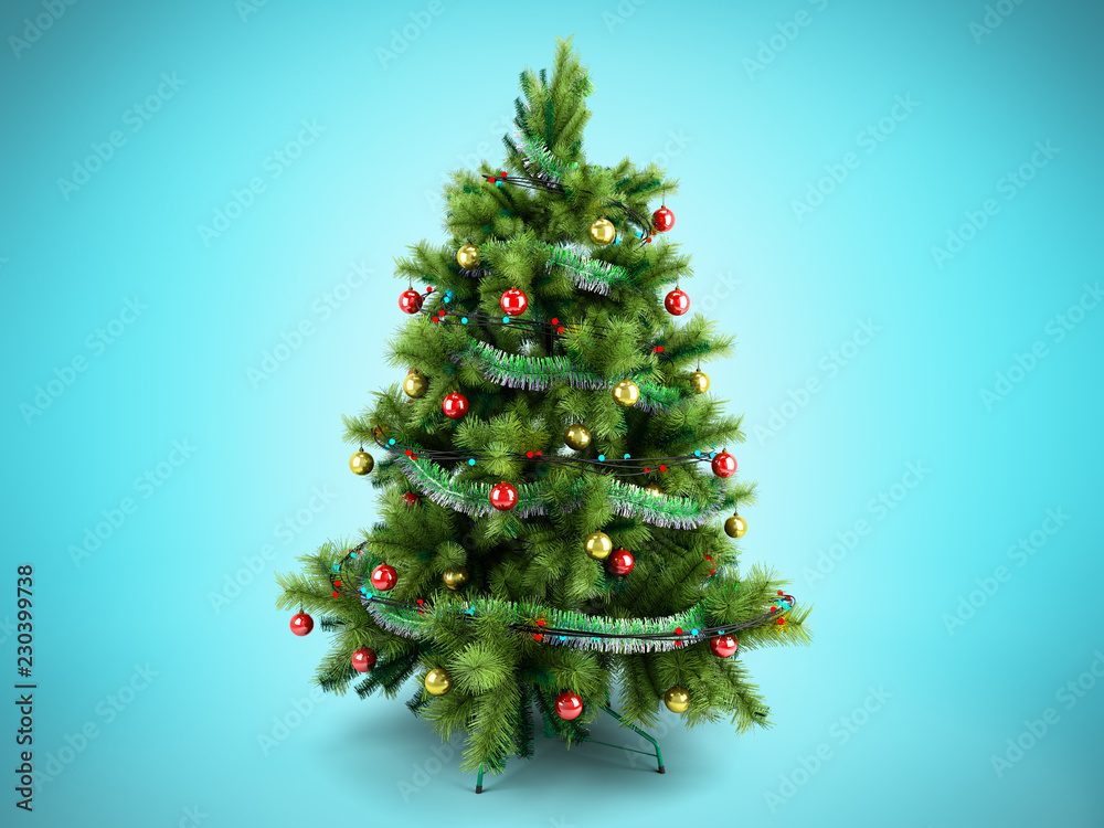 Christmas tree with colorful toys 3d render isolated on blue Christmas tree with colorful toys 3d render isolated on blue
