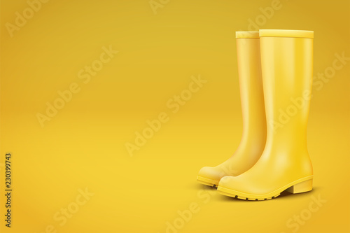Autumn Fashion Advert Illustration. Pair of yellow rubber rain boots on yellow background. Season sale and marketing. Shopping poster with copy space in trendy color. Vector