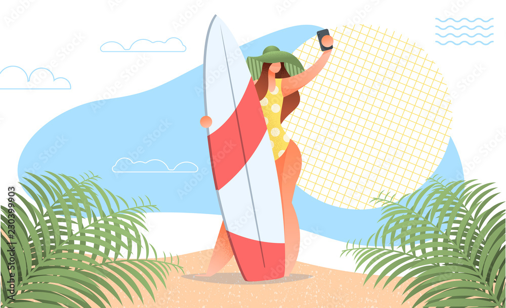 girl making selfie with surf board 