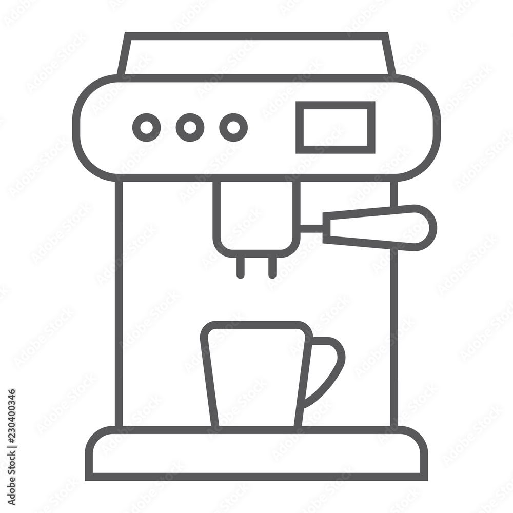 Coffee machine thin line icon, appliance and kitchen, coffee maker sign, vector graphics, a linear pattern on a white background. Coffee machine thin line icon, appliance and kitchen, coffee maker sign, vector graphics, a linear pattern on a white background.