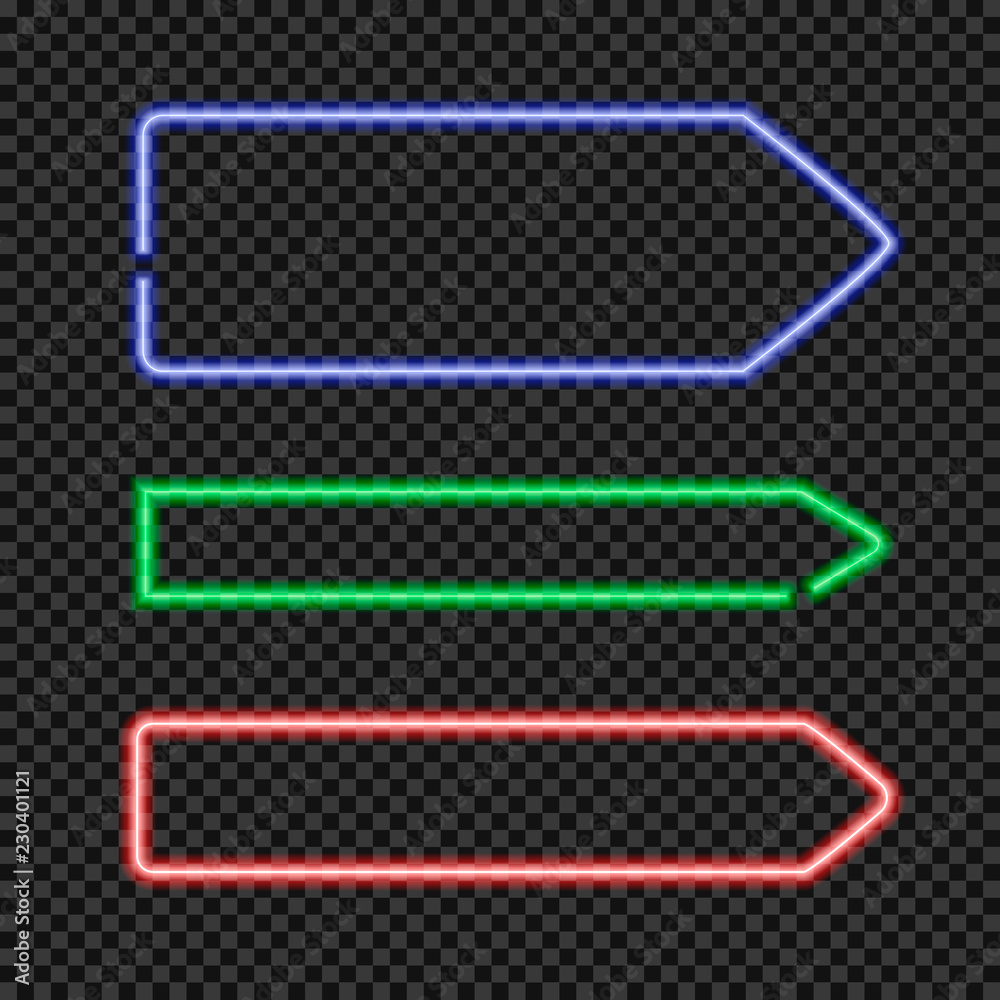 Vector Set of Shining Neon Arrow Shaped Frames, Blank Borders on Transparent Background. Vector Set of Shining Neon Arrow Shaped Frames, Blank Borders on Transparent Background.