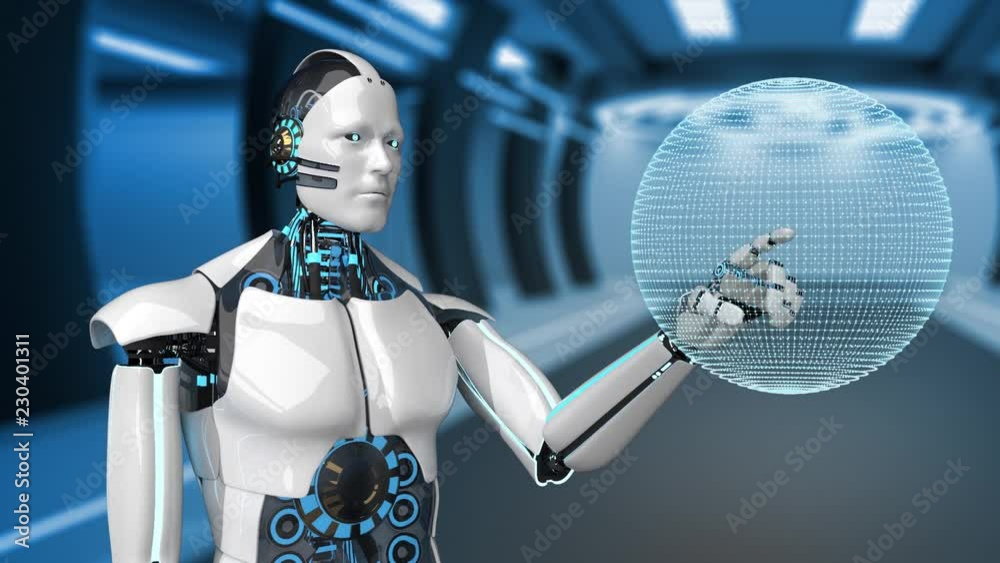 Eine Animation mit einem humanoiden Roboter mit Globus und Netzwerk im futuristischen Raum