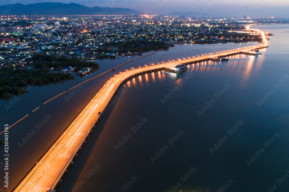 Aerial view a road traffic on the beach at chonburi thailand