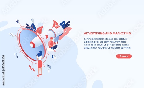 Modern web banner template with giant megaphone or bullhorn, tiny people or o...