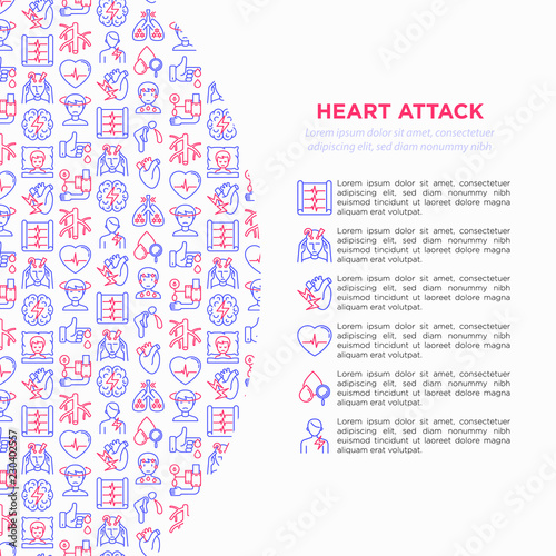 Heart attack symptomps concept wiht thin line icons: dizziness, dyspnea, cardiogram, panic attack, weakness, acute pain, cholesterol level, nausea, diabetes. Vector illustration, print media template.