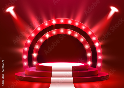 Abstract round podium with white carpet illuminated with spotlight. Award ceremony concept. Stage backdrop. Vector illustration