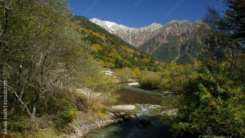 紅葉の上高地 梓川と穂高連峰 紅葉の上高地 梓川と穂高連峰