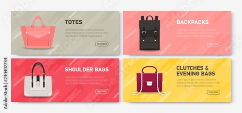 Collection of horizontal web banner templates with stylish backpack and handbags of different types and place for text. Colorful vector illustration for bag store or boutique promotion, advertisement.