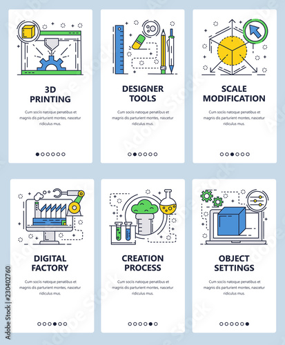Vector web site linear art onboarding screens template. 3D printing and designer tools. Menu banners for website and mobile app development. Modern design flat illustration.