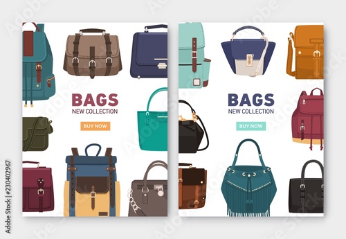 Set of vertical banner, flyer or poster templates with stylish bags, backpacks and handbags of different types and place for text. Colorful vector illustration for accessory shop advertisement.