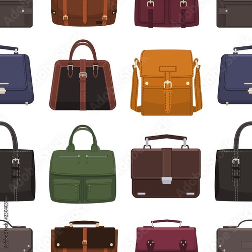 Elegant seamless pattern with leather men's bags or handbags of various types on white background. Backdrop with classic and casual accessories. Colored vector illustration for wrapping paper.