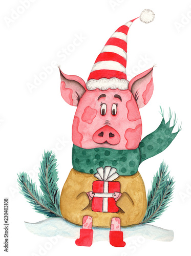 Watercolor  Christmas Pig 