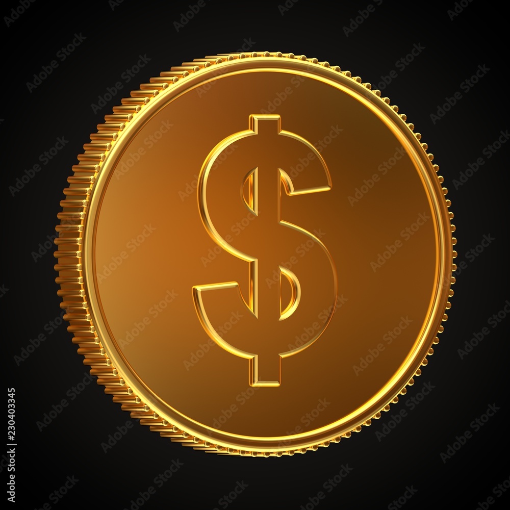 Golden coin with dollar symbol rotated 20 degrees horizontally isolated on black background. Golden coin with dollar symbol rotated 20 degrees horizontally isolated on black background.
