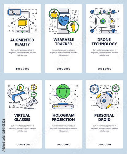 Vector web site linear art onboarding screens template. Augmented virtual reality and VR games. Wearable gadgets and drone technology. Menu banners for website and mobile app development. Modern