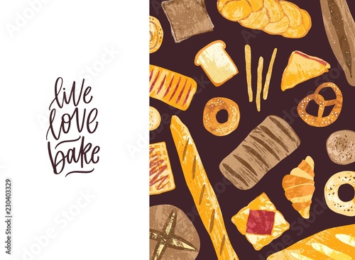 Horizontal banner with tasty fresh breads, homemade baked products and sweet ...