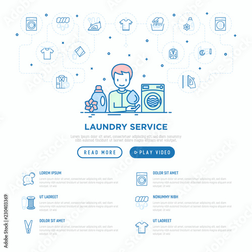Laundry service concept with thin line icons: washing machine, spin cycle, drying machine, fabric softener, iron, handwash, washing powder, steaming, repair. Vector illustration, web page template.