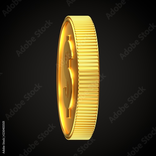 Golden coin with dollar symbol rotated 280 degrees horizontally isolated on black background. photo