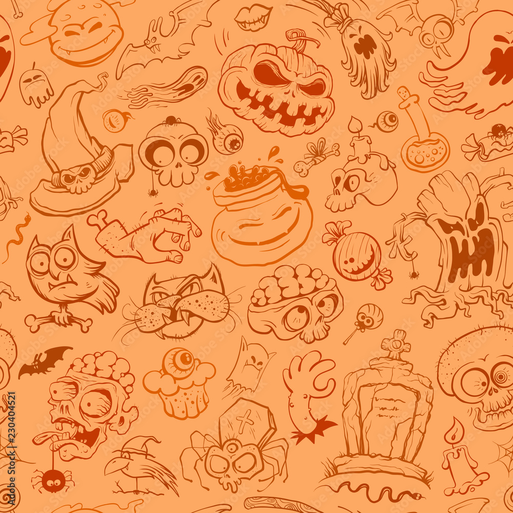 Halloween seamless background, hand drawn vector line graphic illustration Halloween seamless background, hand drawn vector line graphic illustration