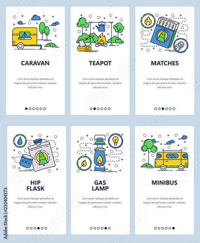 Vector web site linear art onboarding screens template. Outdoor camping and travel by camper caravan car. Menu banners for website and mobile app development. Modern design flat illustration.