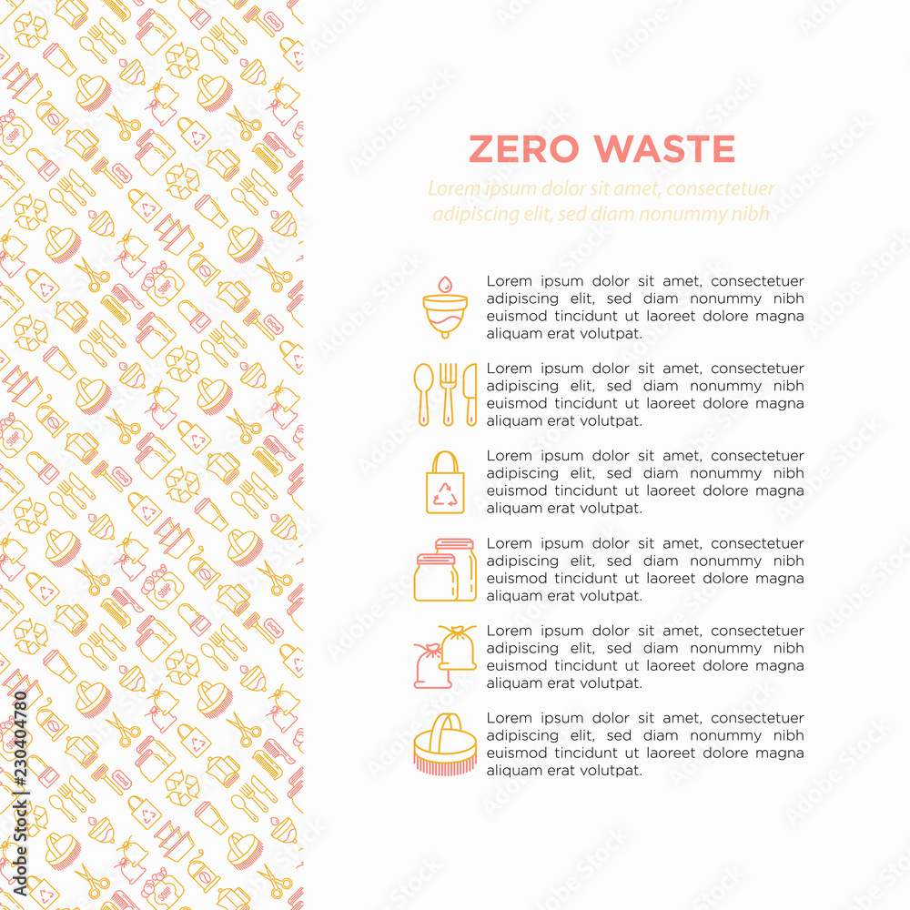 Zero waste concept with thin line icons: menstrual cup, safety razor, glass jar, natural deodorant, french press, metal scissors, body brush, wooden comb. Vector illustration, print media template.