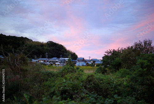 Small Japanese village in countryside under beautiful pink sunset