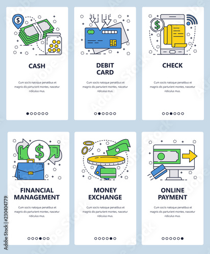 Vector web site linear art onboarding screens template. Business and finance icons. Money transfer and online credit card payments. Menu banners for website and mobile app development. Modern design