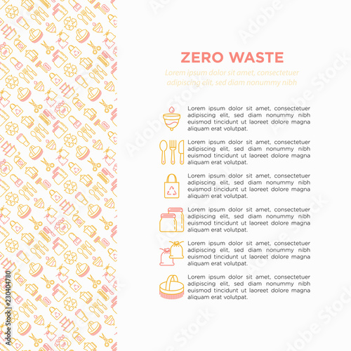 Zero waste concept with thin line icons: menstrual cup, safety razor, glass jar, natural deodorant, french press, metal scissors, body brush, wooden comb. Vector illustration, print media template.