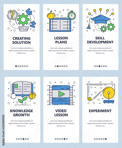 Vector web site linear art onboarding screens template. School lessons and online education. Video course traning. Menu banners for website and mobile app development. Modern design flat illustration.